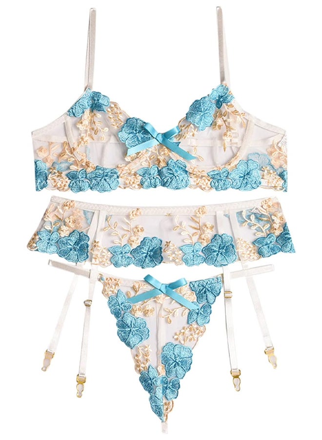 MARGOUN Large Size Scalloped Trim Floral Lace Garter Lingerie Set Pajamas Fashion Lingerie Floral Sleepwear Lace Ring Underwear Embroidery Lace Garter Blue / L (Bust 76-106/Waist72-92) - Image 1