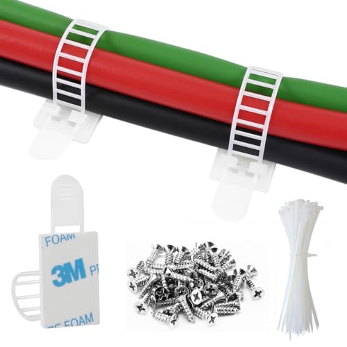 VAMRONE 50Pcs Adhesive Cable Management Clips with 50Pcs Zip Ties, Adjustable Nylon Cable Strap Ties Wire Clips Clamps Organizer, Extra Screw & Hole - 3.55 Inch White - Image 1