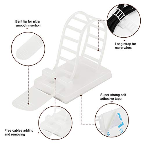 VAMRONE 50Pcs Adhesive Cable Management Clips with 50Pcs Zip Ties, Adjustable Nylon Cable Strap Ties Wire Clips Clamps Organizer, Extra Screw & Hole - 3.55 Inch White - Image 3