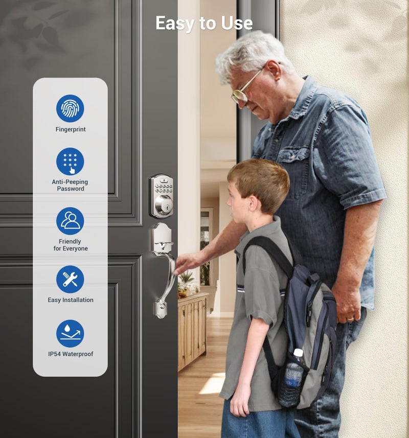 Veise Fingerprint Door Lock Set, Keyless Entry Door Lock, Front Handle Set, Electronic Keypad Deadbolt with Lever Handle, 2 Keys, Auto-Locking, One-time Codes, Easy to Install, Satin Nickel - Image 5