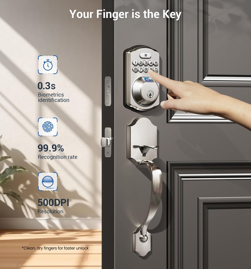 Veise Fingerprint Door Lock Set, Keyless Entry Door Lock, Front Handle Set, Electronic Keypad Deadbolt with Lever Handle, 2 Keys, Auto-Locking, One-time Codes, Easy to Install, Satin Nickel - Image 2
