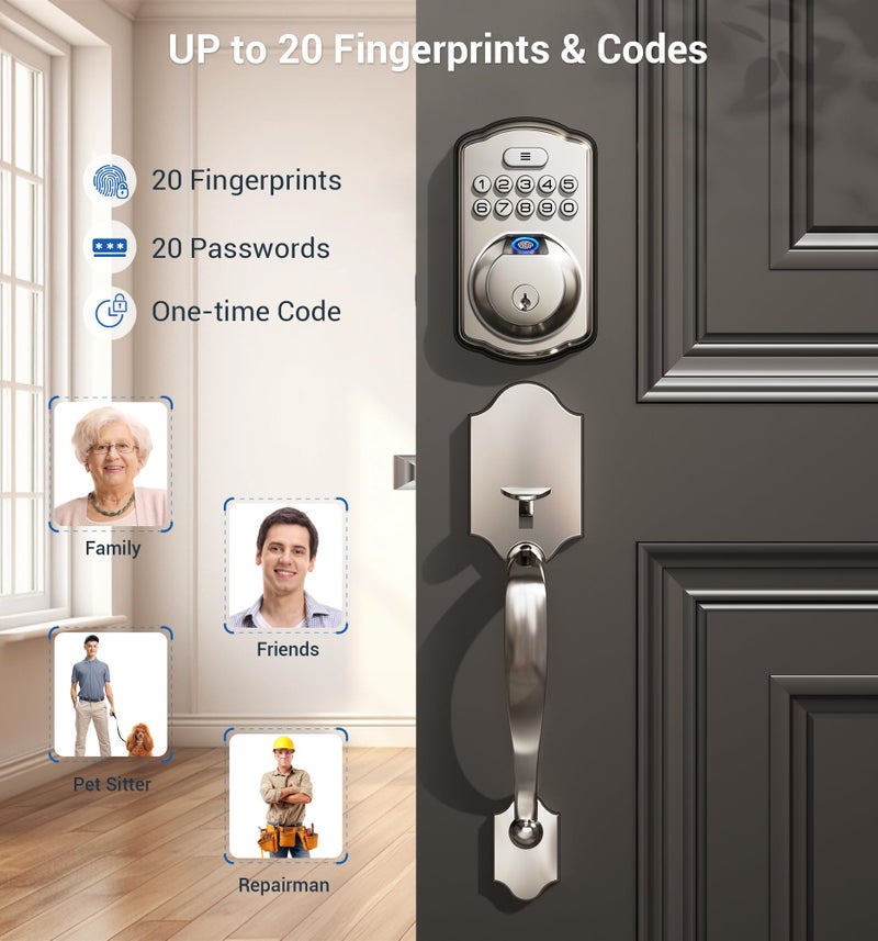 Veise Fingerprint Door Lock Set, Keyless Entry Door Lock, Front Handle Set, Electronic Keypad Deadbolt with Lever Handle, 2 Keys, Auto-Locking, One-time Codes, Easy to Install, Satin Nickel - Image 3