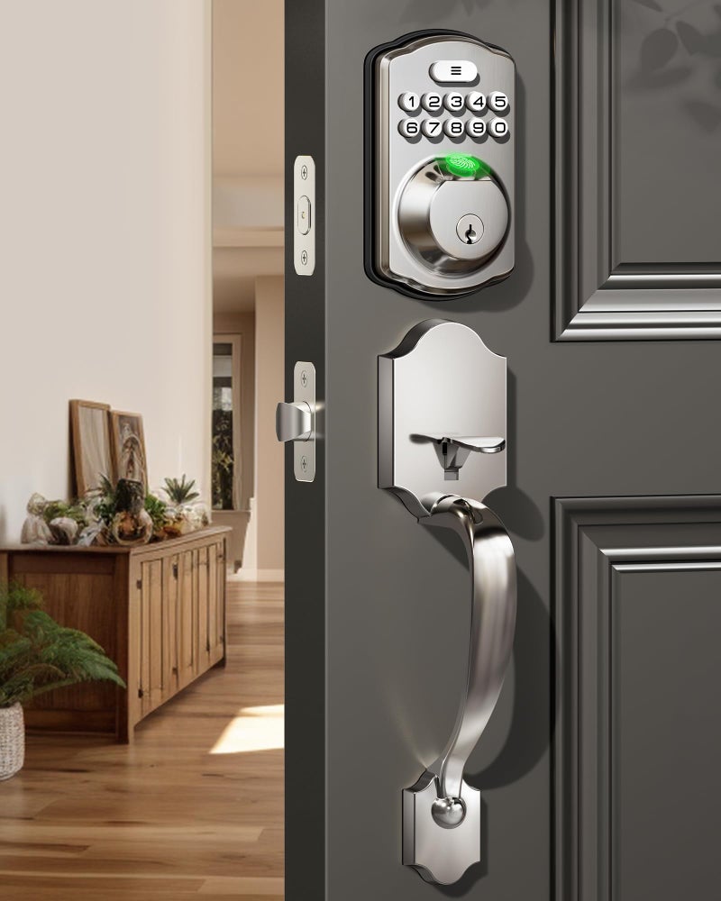Veise Fingerprint Door Lock Set, Keyless Entry Door Lock, Front Handle Set, Electronic Keypad Deadbolt with Lever Handle, 2 Keys, Auto-Locking, One-time Codes, Easy to Install, Satin Nickel - Image 1