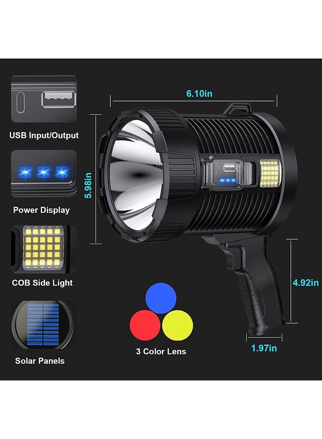 Rechargeable Spotlight, 100000 Lumens Led Spot Lights Handheld Large Flashlight Super Bright Outdoor Solar Spotlights Searchlight with Cob Light, 6 Modes, IPX5 Waterproof - Image 3