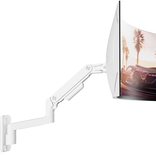 ARES WING Wall Mount Monitor Arm for 17-49 Inch Ultrawide Screens, Heavy Duty Single Monitor Mount Holds 44 lbs, Fully Adjustable Gas Spring Wall Mount, 75x75/100x100 VESA Mount, White - Image 1