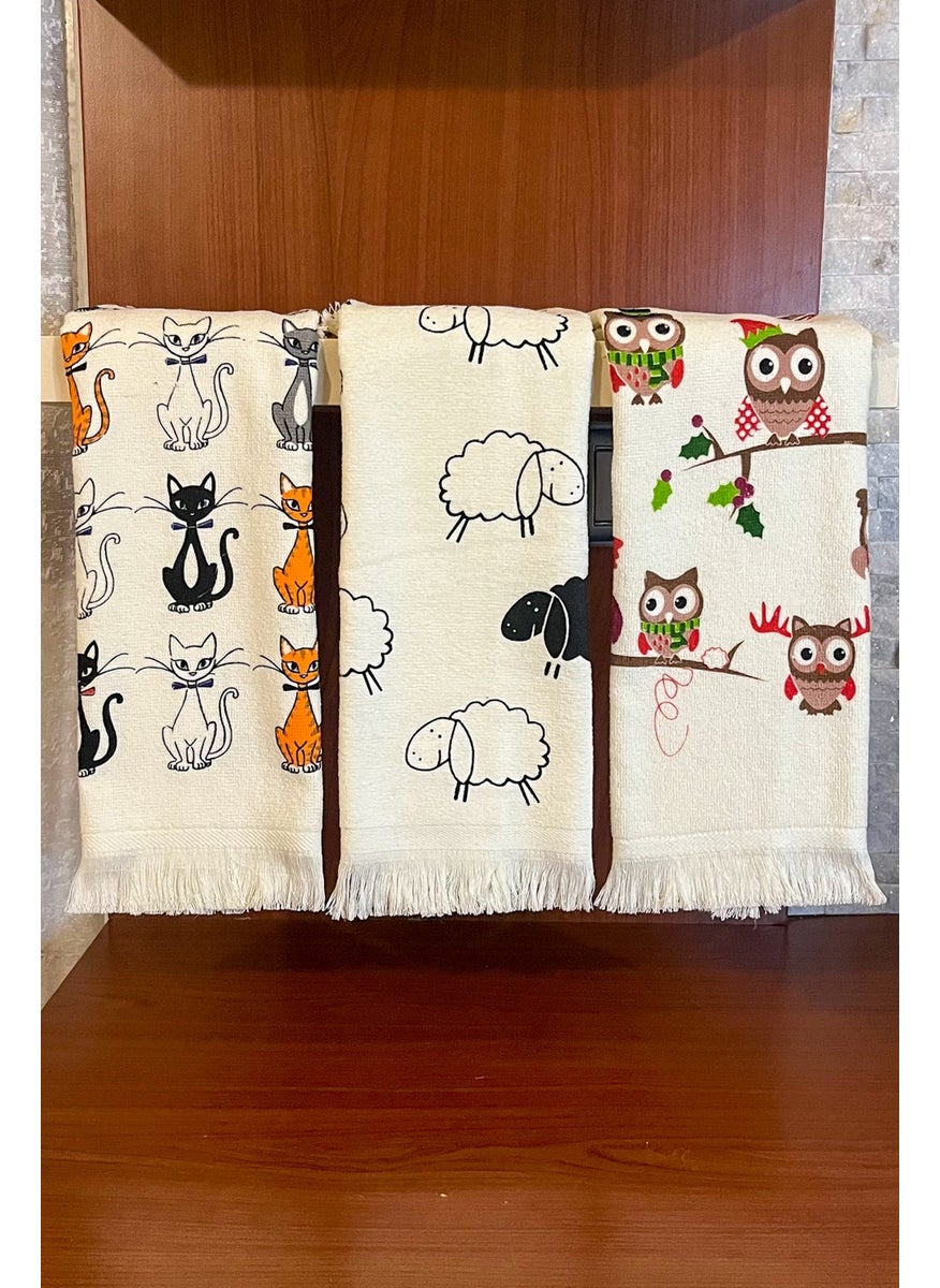 Cnr Garden 3 Piece Fringed Cotton 40x60 cm Cotton Printed Towel Set Hand Face Kitchen Towel Soft Patterned Water Absorbent Set  - Image 1