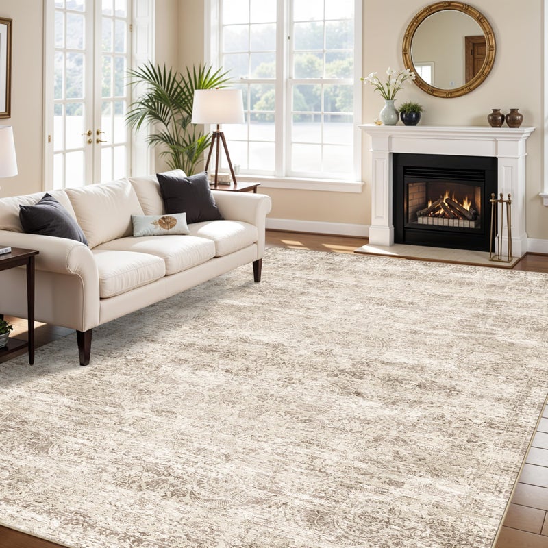 TOPRUUG Washable Oriental Area Rug - 9x12 Rugs for Living Room Soft Carpet for Bedroom Waterproof Floral Distressed Indoor Stain Resistant Non-Shedding Floor Carpets (Beige Brown, 9x12) - Image 1