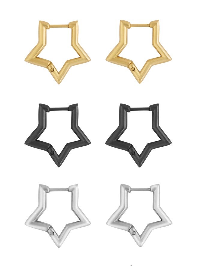 Sacina 3 Pairs of Silver-tone Black Gold-tone Star Huggie Hoop Earrings, Gothic Emo Punk Grunge Y2K Earrings, Christmas Jewelry Gift For Women - Image 1