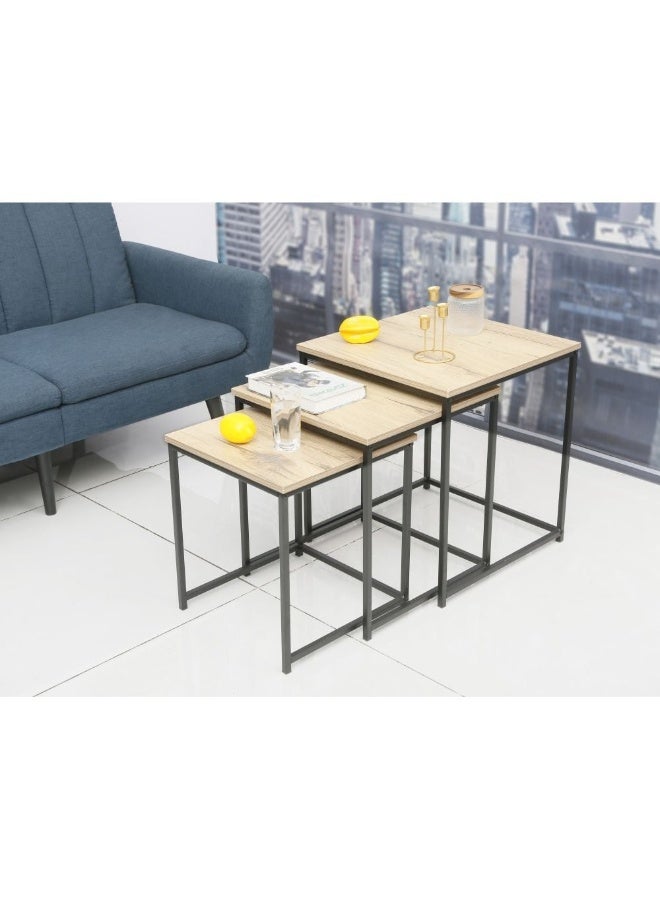 DANUBE HOME مجموعة مكونة من 3 طاولات جانبية متداخلة من ماي فيل - أثاث غرفة معيشة أنيق من الخشب البلوط/الأسود، خشب هندسي ومعدن، مثالي للمساحات الصغيرة - الحجم L50xW50xH55cm - Image 1
