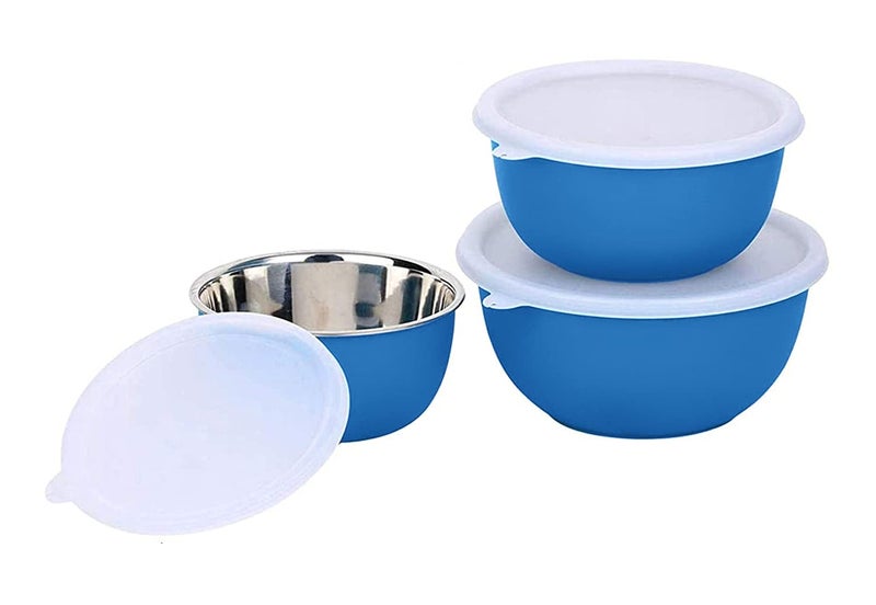 Zaib Plastic Coated Stainless Steel Microwave Safe Euro Serving Reheating Food Storage Mixing Bowls with Lid (Pack of 3 (Blue)) - Image 1