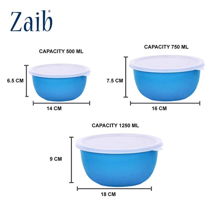 Zaib Plastic Coated Stainless Steel Microwave Safe Euro Serving Reheating Food Storage Mixing Bowls with Lid (Pack of 3 (Blue)) - Image 4