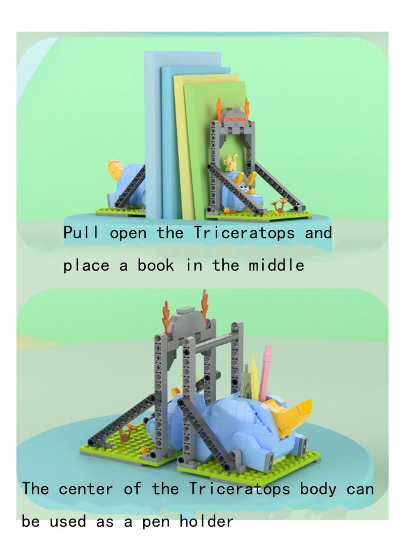 Shy Triceratops Bookends, Desktop Dinosaur Ornaments Building Blocks Toys, Children'S Educational Assembly Model Gifts - Image 2