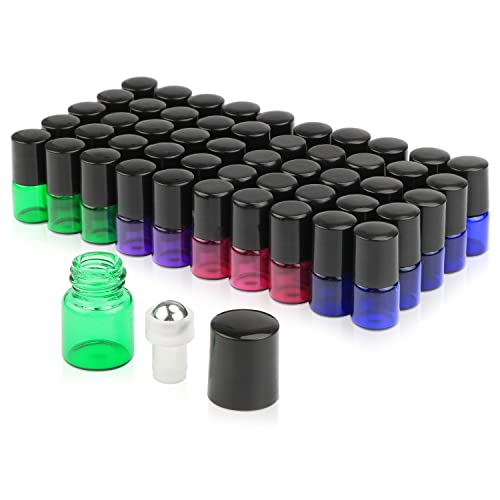 Furnido Pack of 50,1ml (1/4 Dram) Glass Roll on Bottle Mixed Color Sample Test Roller Essential Oil Vials Stainless Steel Roller Balls With Black Cap For Aromatherapy,Perfume Oils-Pipette included - Image 1