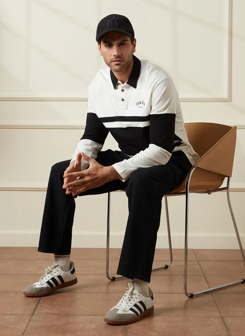 روجن Colour Blocked Varsity Polo T-Shirt | Off White