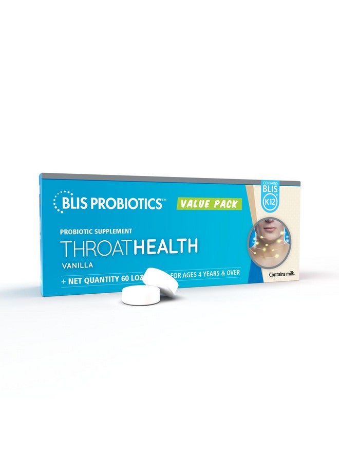 بليس عبوة بروبيوتيك فموية قيّمة من BLIS ThroatHealth، 2.5 مليار وحدة تشكيل مستعمرة، لدعم مناعة الحلق وصحة الفم للبالغين والأطفال، أقراص استحلاب خالية من السكر، بنكهة الفانيليا، عبوة من 60 قرصًا  - Image 1