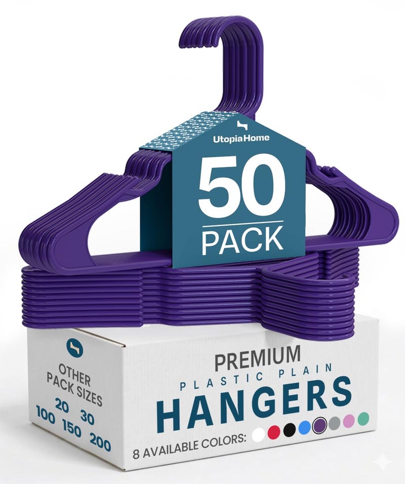 Utopia Home Plastic Hangers 50 Pack - Perfect Space Saving Clothes Hanger - Durable and Strong - Perfect Closet Organizers with Shoulder Grooves (Purple) - Image 1