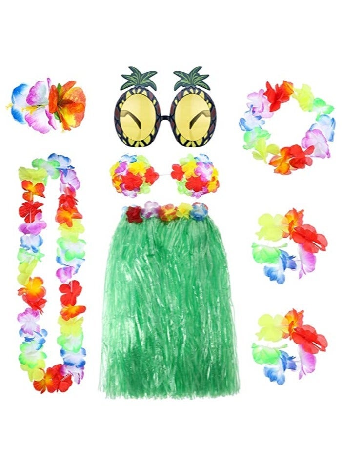 8 Pieces Hula Skirt Costume Kit Hawaiian Leis Grass with Flowers Bikini Top Bracelets Necklace Hair Clip Pineapple Sunglasses for and Beach Party  - Image 1