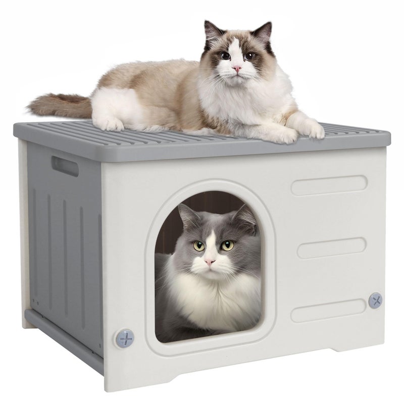 Deblue Plastic Cat House for Indoor Outdoor, Weatherproof Outside Cat House for Feral Cats, Unique Cat Shelter for Small Pet, Spacious, Easy to Assemble - Grey - Image 1