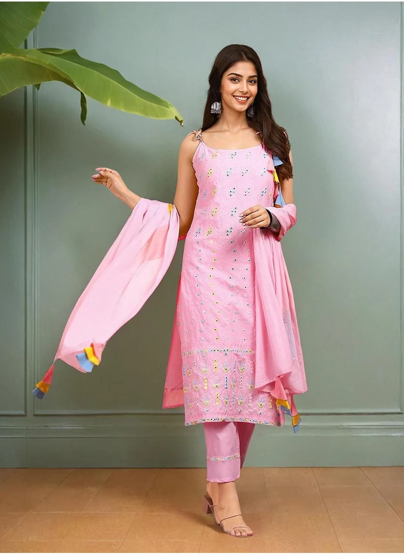 ISHIN Women Pink Cotton Kurta set with Dupatta