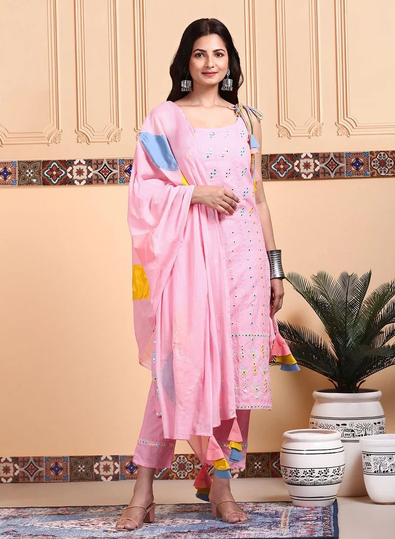 ISHIN Women's Pink 100% Cotton Embellished Tunic Full Length Casual Straight Fit Kurta Set