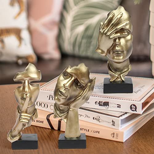 prosfalt 3 Pcs Thinker Statue, Silence is Gold Abstract Art Figurine, No Hear No See No Speak Modern Home Resin Sculptures Decorative Objects Decor for Home Office Bookshelf Desktop(Gold), A-41 - Image 2