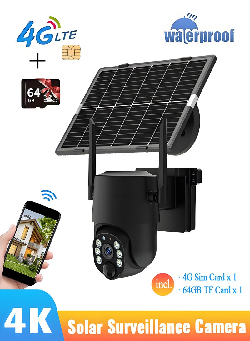 FUREUL 4MP Wireless Solar Camera Security Camera Outdoor Surveillance Camera CCTV Camera 4K HD Waterproof IP65 345 Pan Rotation High Precision PIR Cam Surveillance Camera Built in Battery Outdoor Monitoring without Electricity and Internet - Black, 4G LTE SIM (Package with 4G LTE Sim Card and 64GB TF Card) - Image 1
