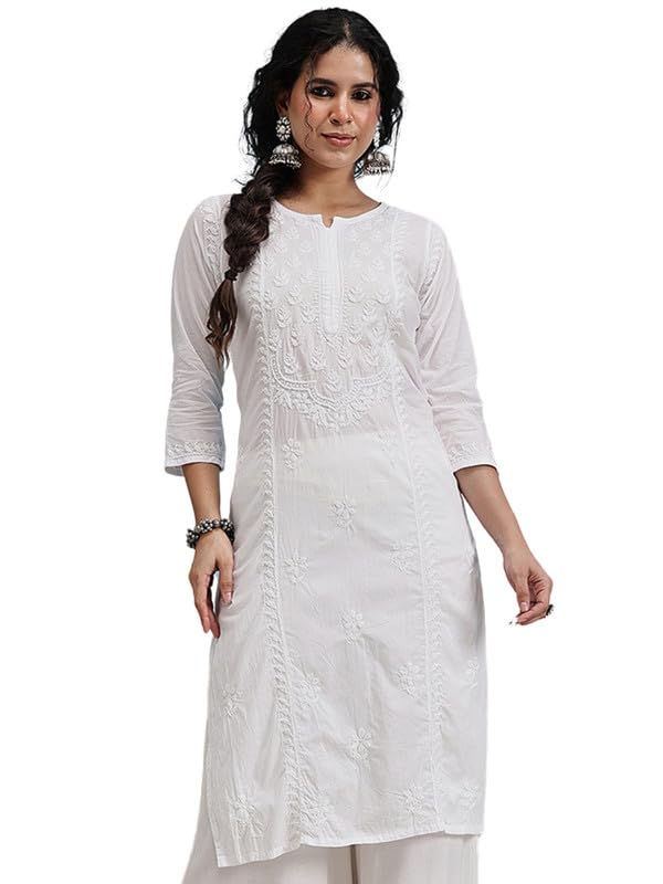 Ada Women Cotton Regular Fit Hand Embroidered Lucknowi Chikankari Kurti Kurta A411769 White (2XL) - Image 1