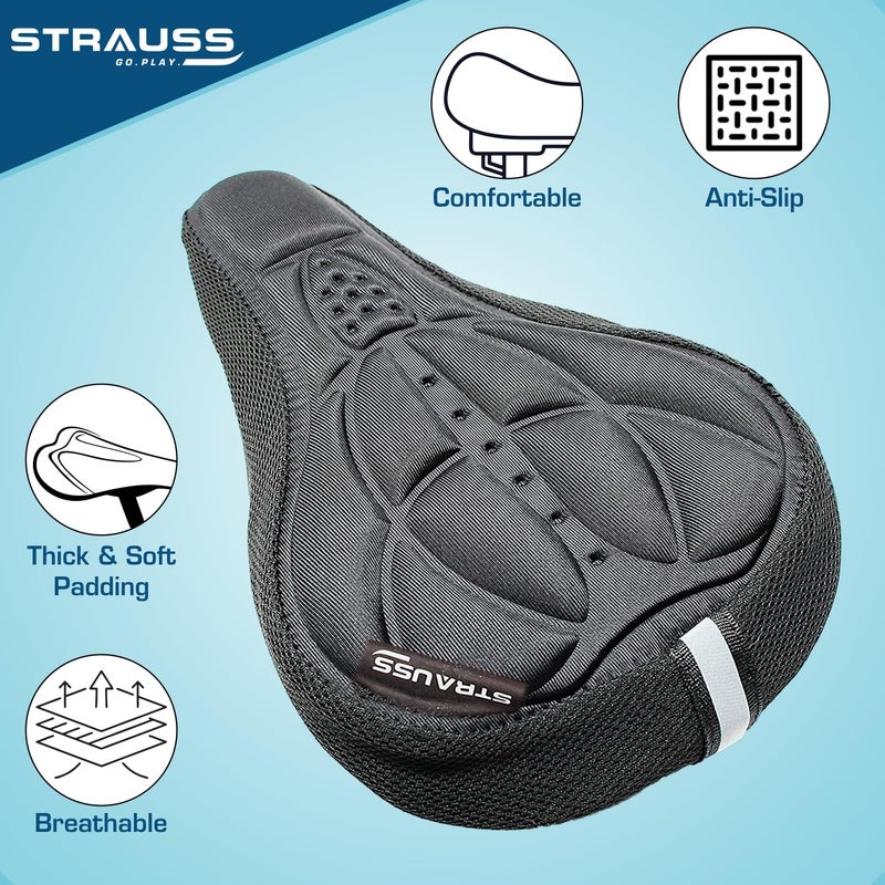 STRAUSS غطاء مقعد إسفنجي مع حبيبات مضادة للانزلاق ووسادة ناعمة وسميكة | راحة فائقة، تصميم قابل للتنفس | يأتي مع أحزمة حبال قابلة للتعديل ويتناسب مع جميع الدراجات، (أسود) - Image 3