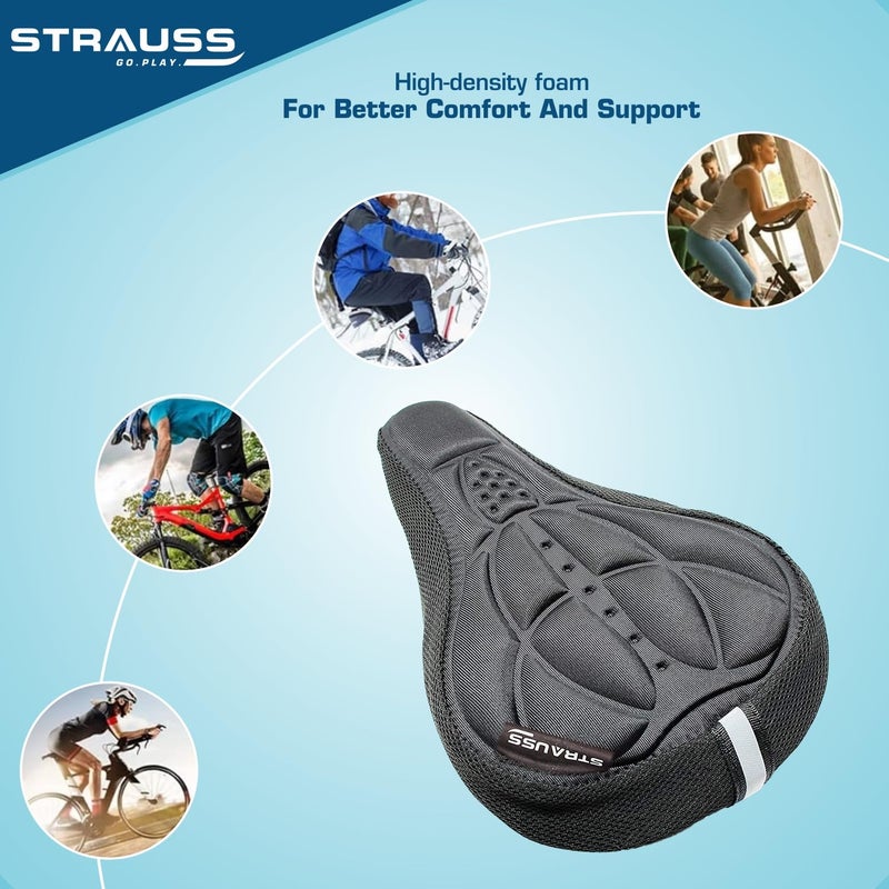 STRAUSS غطاء مقعد إسفنجي مع حبيبات مضادة للانزلاق ووسادة ناعمة وسميكة | راحة فائقة، تصميم قابل للتنفس | يأتي مع أحزمة حبال قابلة للتعديل ويتناسب مع جميع الدراجات، (أسود) - Image 4