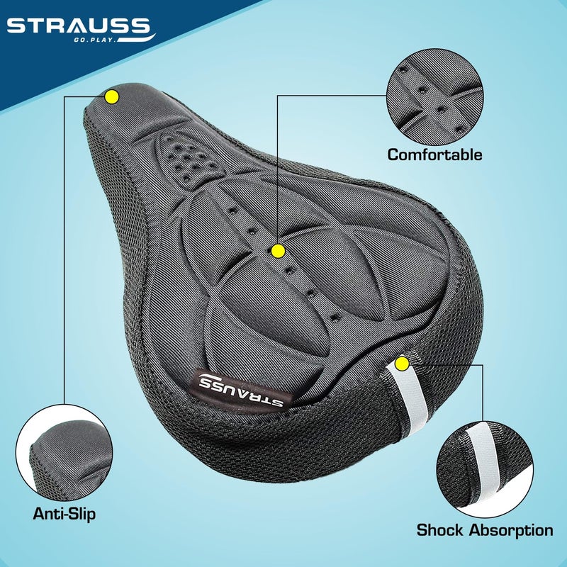 STRAUSS غطاء مقعد إسفنجي مع حبيبات مضادة للانزلاق ووسادة ناعمة وسميكة | راحة فائقة، تصميم قابل للتنفس | يأتي مع أحزمة حبال قابلة للتعديل ويتناسب مع جميع الدراجات، (أسود) - Image 2
