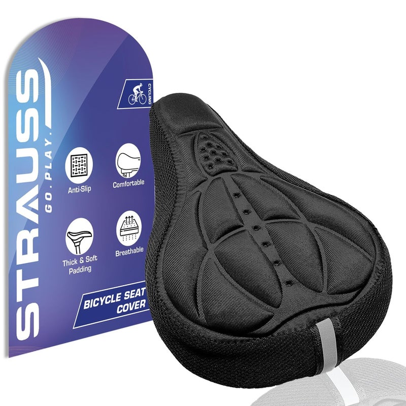 STRAUSS غطاء مقعد إسفنجي مع حبيبات مضادة للانزلاق ووسادة ناعمة وسميكة | راحة فائقة، تصميم قابل للتنفس | يأتي مع أحزمة حبال قابلة للتعديل ويتناسب مع جميع الدراجات، (أسود) - Image 1