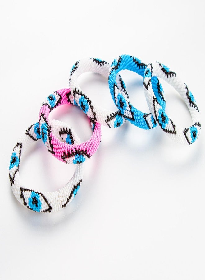Naz Collection, Evil Eye Protection Bangle Bracelet, Bohemian Stackable Beaded Bracelets, Handmade Multicolor Bohemian Stacking Crochet Bracelet, Boho Charm Beach Jewelry for Women&Girls, Gift for Her (Blue) - Image 5