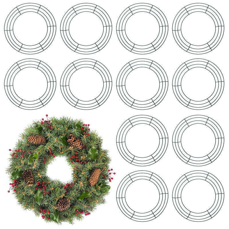 Patelai 12 Pieces Metal Wreath Frame Dark Green Wire Round Wreath Rings Wire Garland Frame for Christmas New Year Party Home Decor DIY Crafts Supplies14 Inch