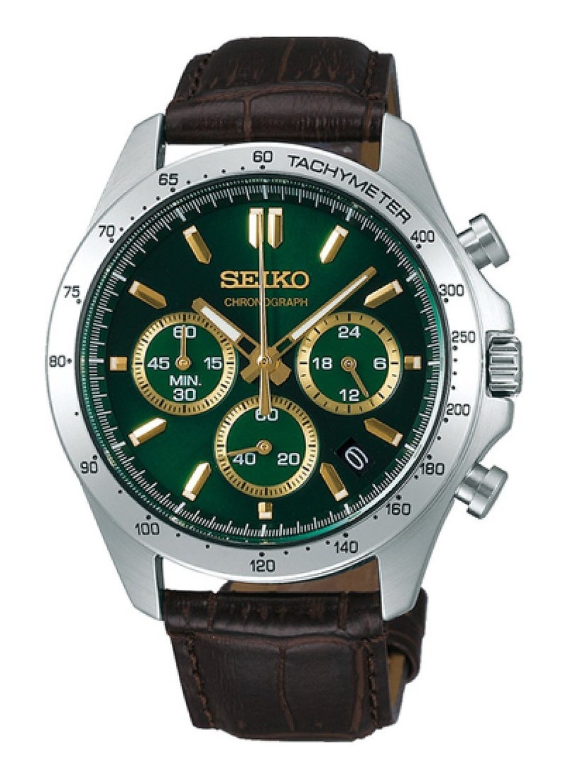 Seiko - Chronograph Green Dial Leather Strap Men's Watch SBTR017 - Image 1