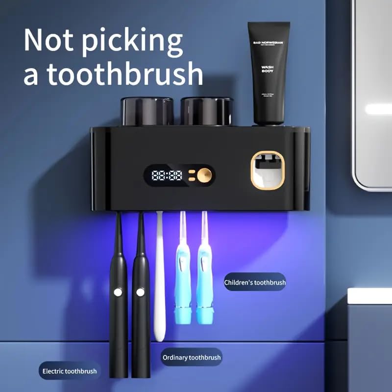 Ariie UV Toothbrush Sanitizer Wall Mount No Drill with Toothpaste Dispenser, Clock Time Display Toothbrush Holder Family Size, Electric Toothbrush Organizer Cleaner for Bathroom - Image 3
