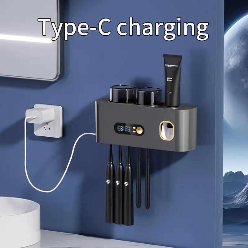Ariie UV Toothbrush Sanitizer Wall Mount No Drill with Toothpaste Dispenser, Clock Time Display Toothbrush Holder Family Size, Electric Toothbrush Organizer Cleaner for Bathroom - Image 5