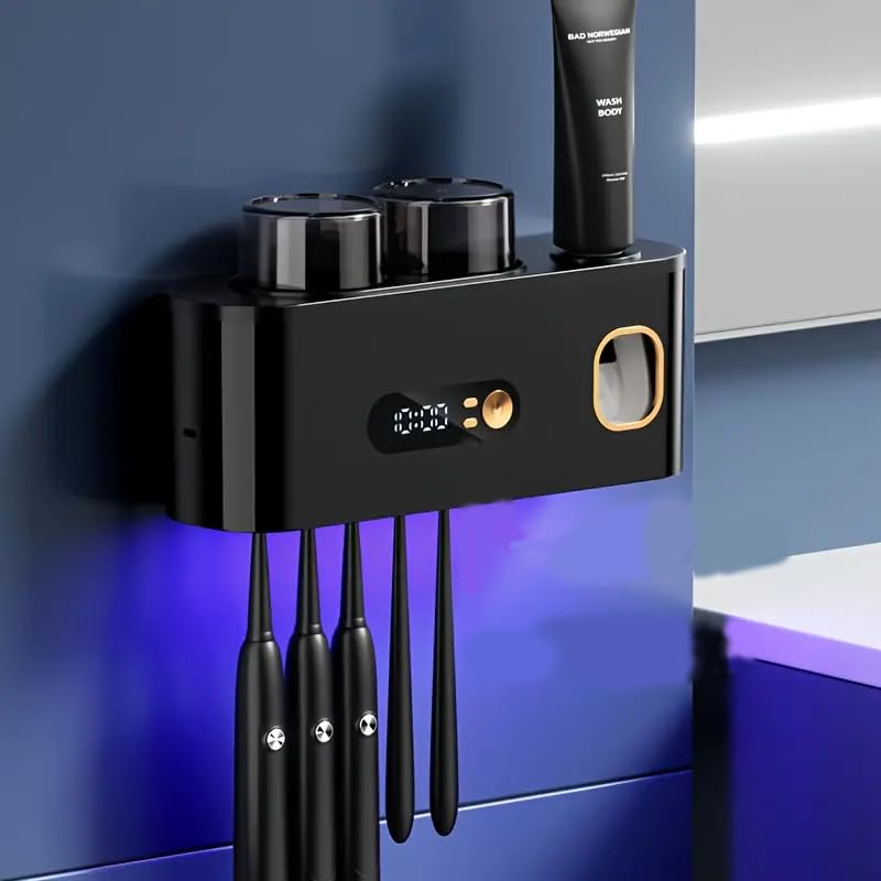 Ariie UV Toothbrush Sanitizer Wall Mount No Drill with Toothpaste Dispenser, Clock Time Display Toothbrush Holder Family Size, Electric Toothbrush Organizer Cleaner for Bathroom - Image 1
