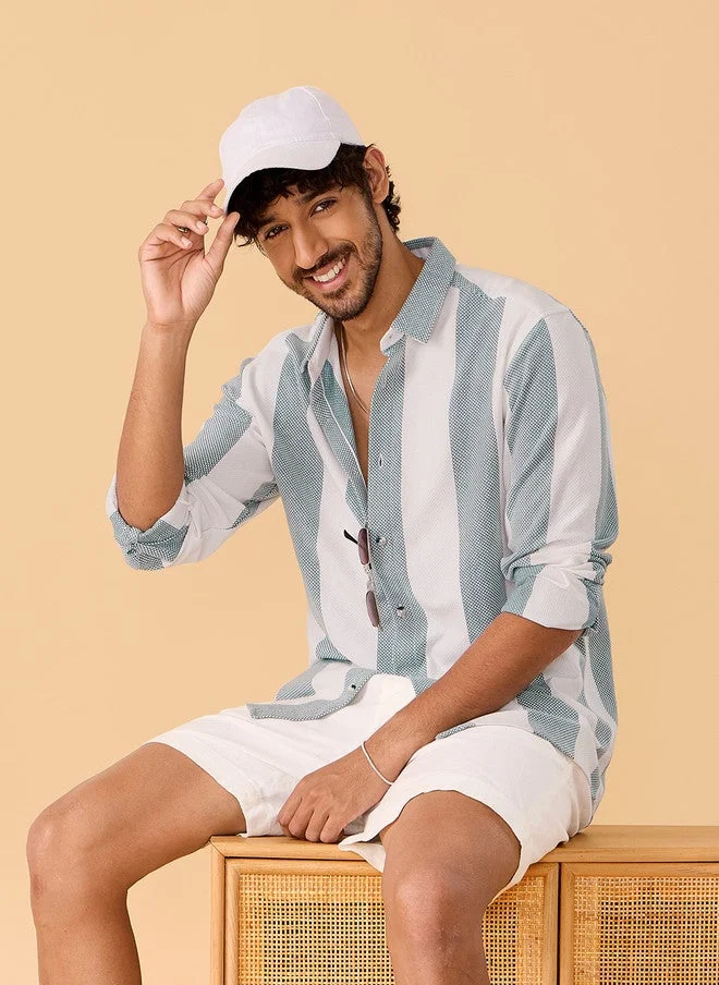 The Souled Store  The Souled Store Men's Striped Regular Fit Shirt in White and Green  | Best Price UAE