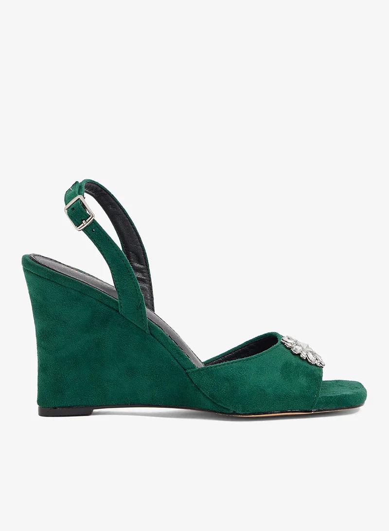Emerald green wedge sandal with crystal flower brooch and slingback