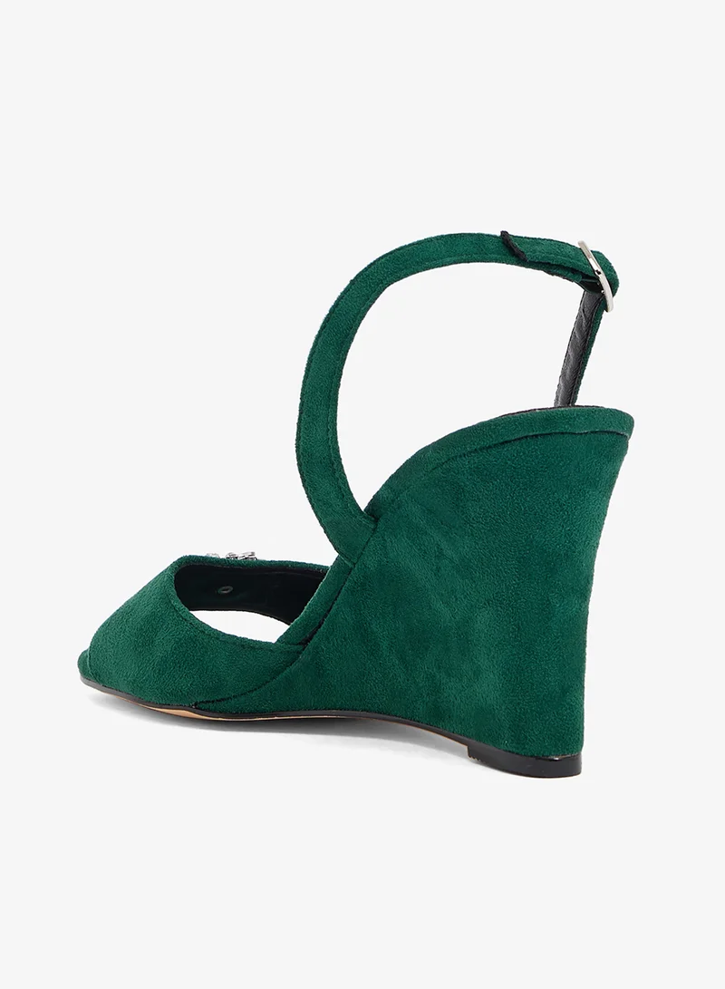 Khizana Green Emerald green wedge sandal with crystal flower brooch and slingback for Women | Best Price UAE