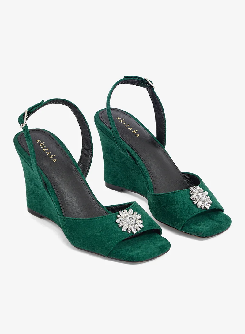 Khizana Green Emerald green wedge sandal with crystal flower brooch and slingback for Women | Best Price UAE