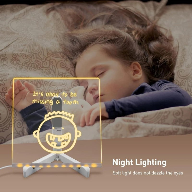 لوحة ملاحظات LED ملونة، لوحة كتابة جافة أكريليك بإضاءة، لوحة كتابة جافة مضيئة مع حامل كمذكرة مضيئة، لوحة رسائل LED، لوحة ملاحظات زجاجية LED، لون أبيض (15 سم × 15 سم) (مع 7 أقلام) - Image 3