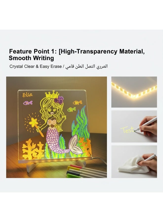 لوحة ملاحظات LED ملونة، لوحة كتابة جافة أكريليك بإضاءة، لوحة كتابة جافة مضيئة مع حامل كمذكرة مضيئة، لوحة رسائل LED، لوحة ملاحظات زجاجية LED، لون أبيض (15 سم × 15 سم) (مع 7 أقلام) - Image 5