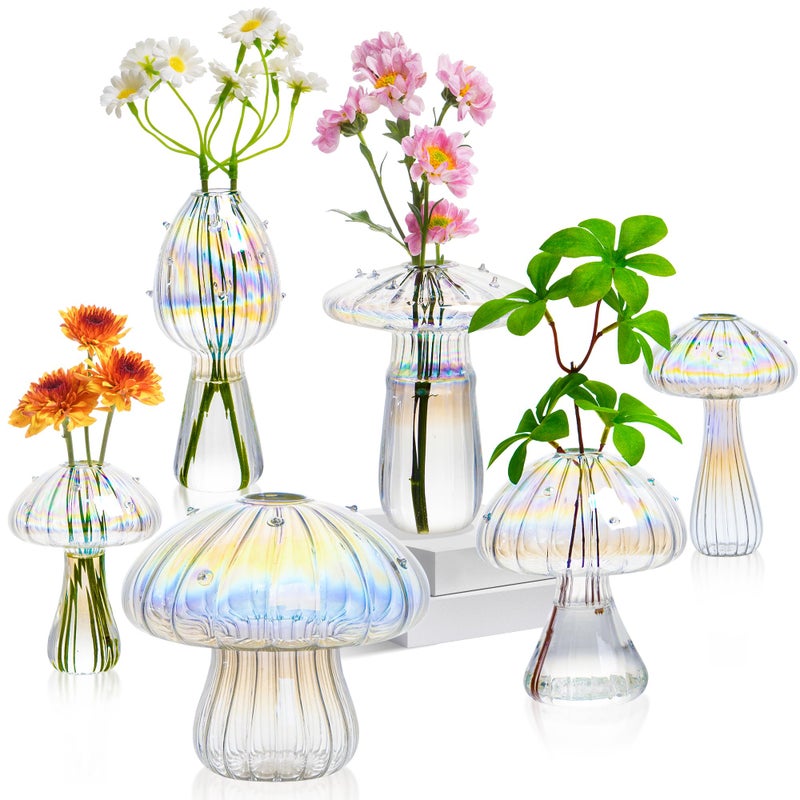 JXWENBYX Mushroom Vase, Set of 6 Colored Flower Vase, Propagation Stations Vases, Small Bud Vases Home Decor Cute Glass Mushroom Planter for Room Office Decoration (Clear) - Image 1