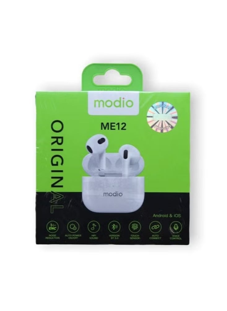 modio - ME12 Bluetooth Wireless Earphone – Premium Stereo Sound, Comfortable Fit, Long Battery Life, Noise Isolation, Touch Controls – Perfect for Android, iOS, and Bluetooth Devices – Ideal for Music, Calls & Hands-Free Use – White - Image 1