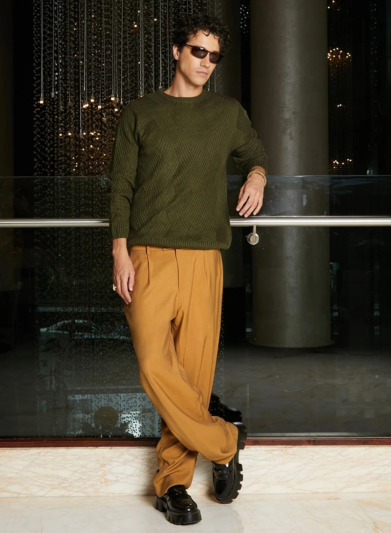 Campus Sutra Men's Army Green Basket-Knit Pullover Sweater