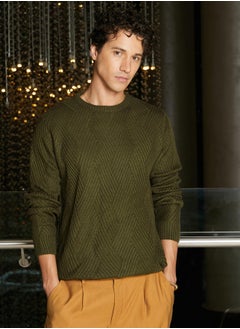 Campus Sutra Men's Army Green Basket-Knit Pullover Sweater  - Image 2