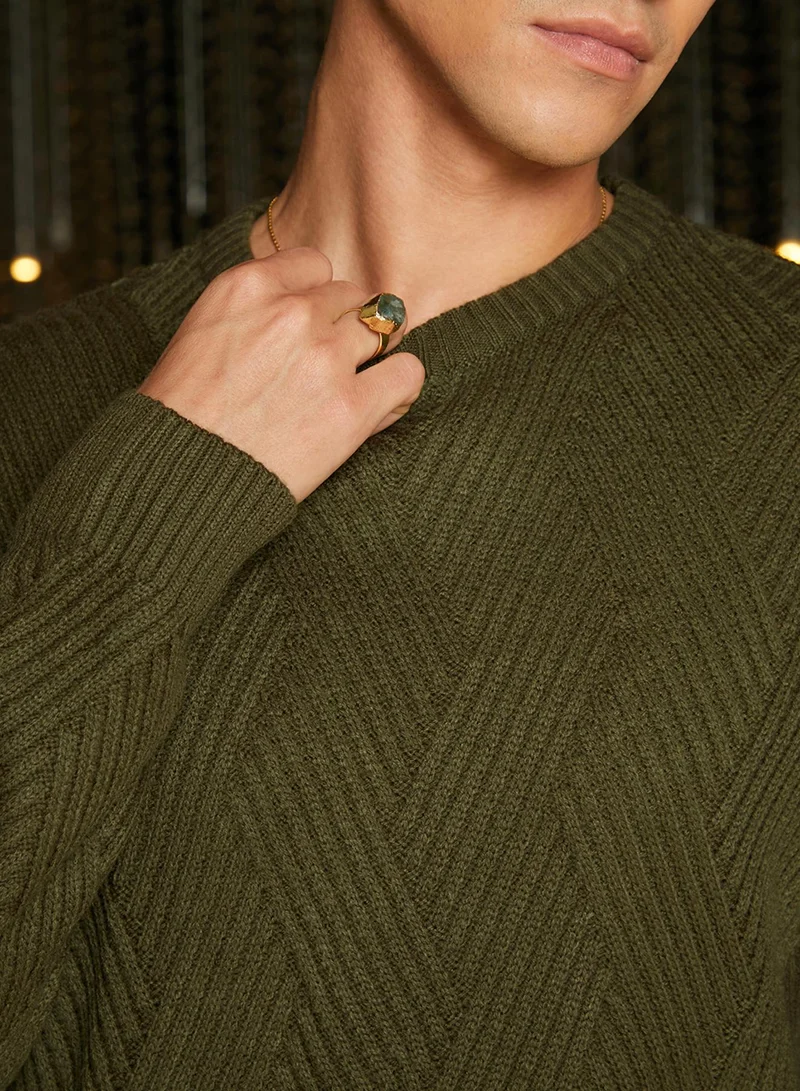 Campus Sutra Men's Army Green Basket-Knit Pullover Sweater