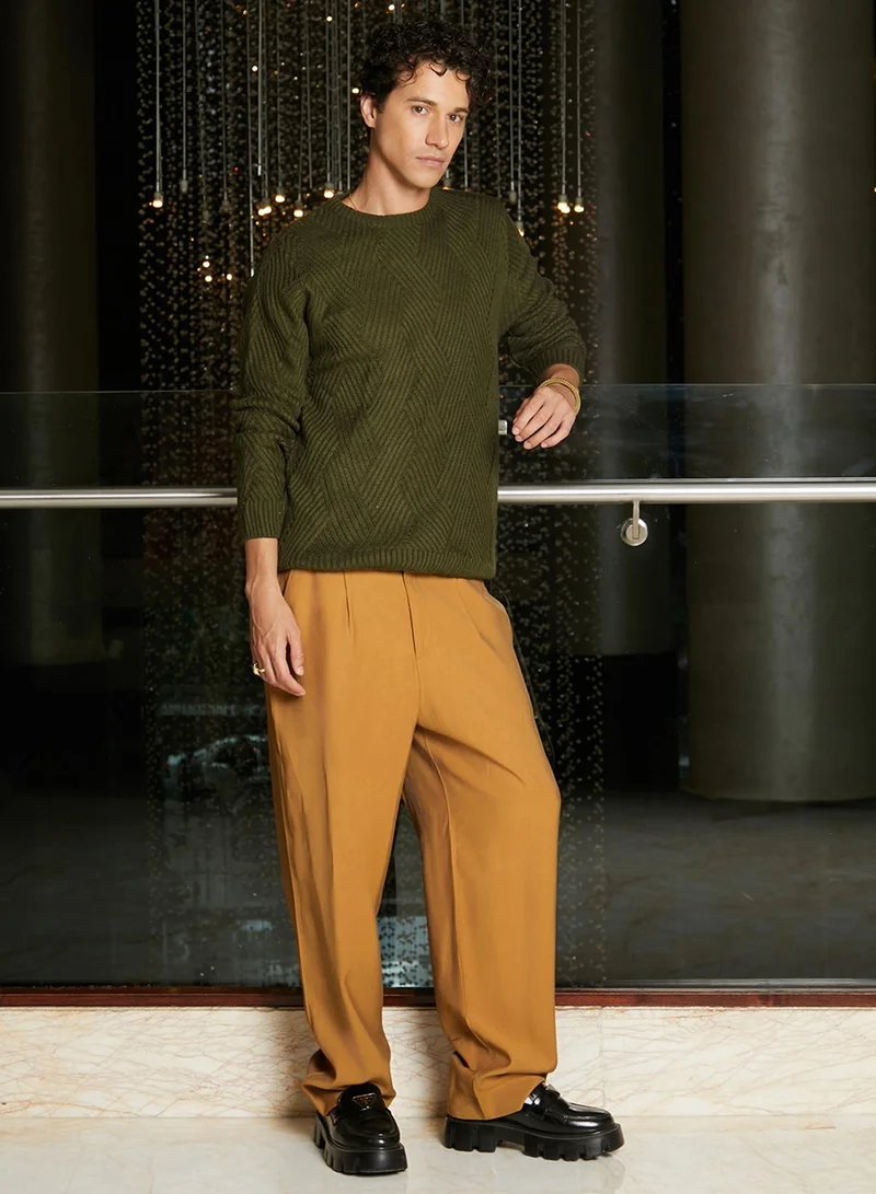 Campus Sutra Men's Army Green Basket-Knit Pullover Sweater