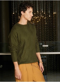 Campus Sutra Men's Army Green Basket-Knit Pullover Sweater  - Image 3